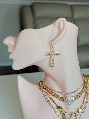 Gold Cross Dangle Earring with Center Accent